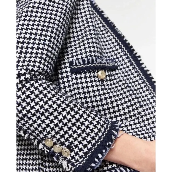Zara NWOT black white & navy blue houndstooth textured tweed blazer jacket - Picture 9 of 9